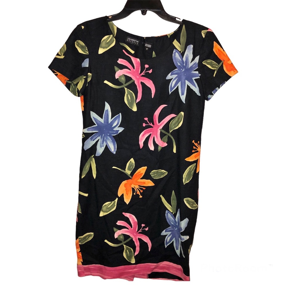 Liz Claiborne Vintage Tropical Floral Button Back Linen Blend‎ Dress Black 4